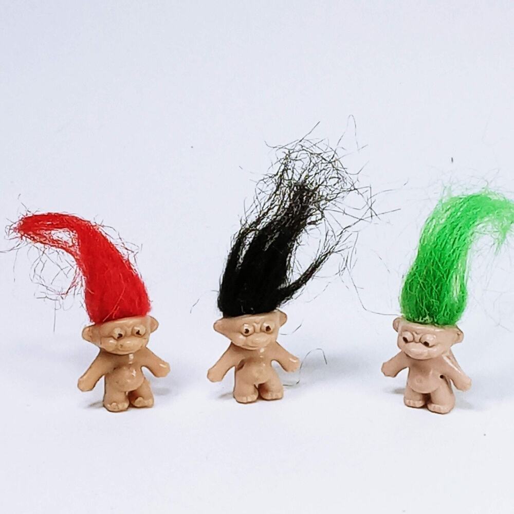 Vtg DAM Troll Mini Dolls Red Green Blue Hair and Black Eyes 1.5" Pencil Toppers